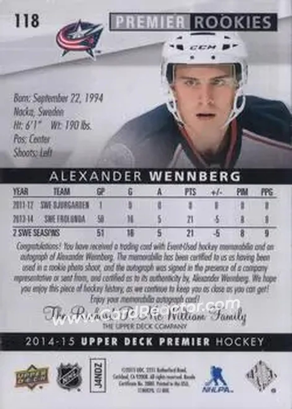 2014-15 Upper Deck Premier #118 - Alexander Wennberg - Columbus Blue Jackets - Back 2014-15 Upper Deck Premier #118 - Alexander Wennberg - Columbus Blue Jackets - Back