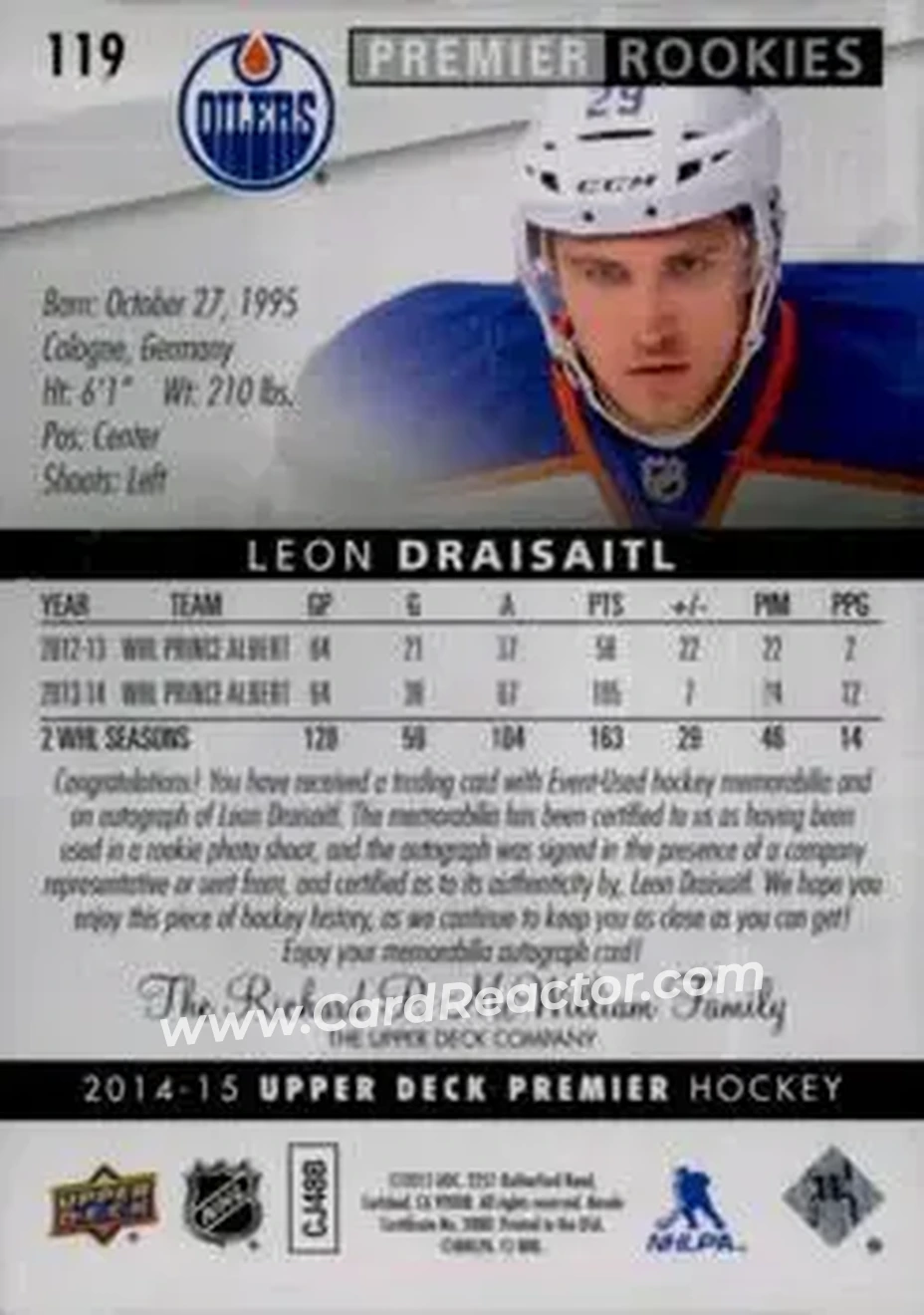 2014-15 Upper Deck Premier #119 - Leon Draisaitl - Edmonton Oilers - Back