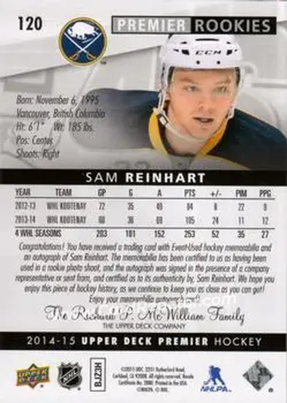 2014-15 Upper Deck Premier #120 - Sam Reinhart - Buffalo Sabres - Back