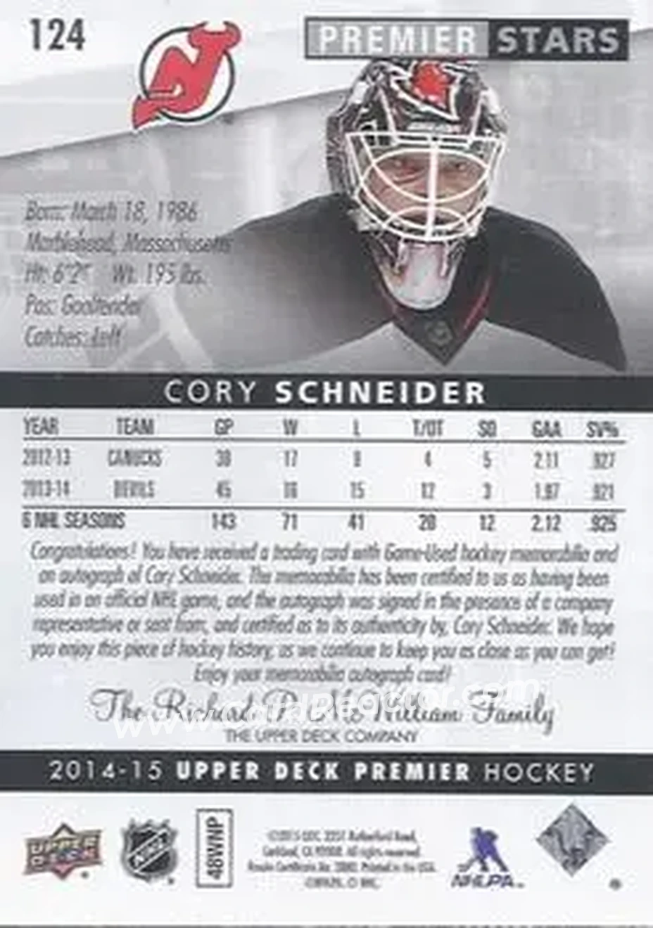 2014-15 Upper Deck Premier #124 - Cory Schneider - New Jersey Devils - Back