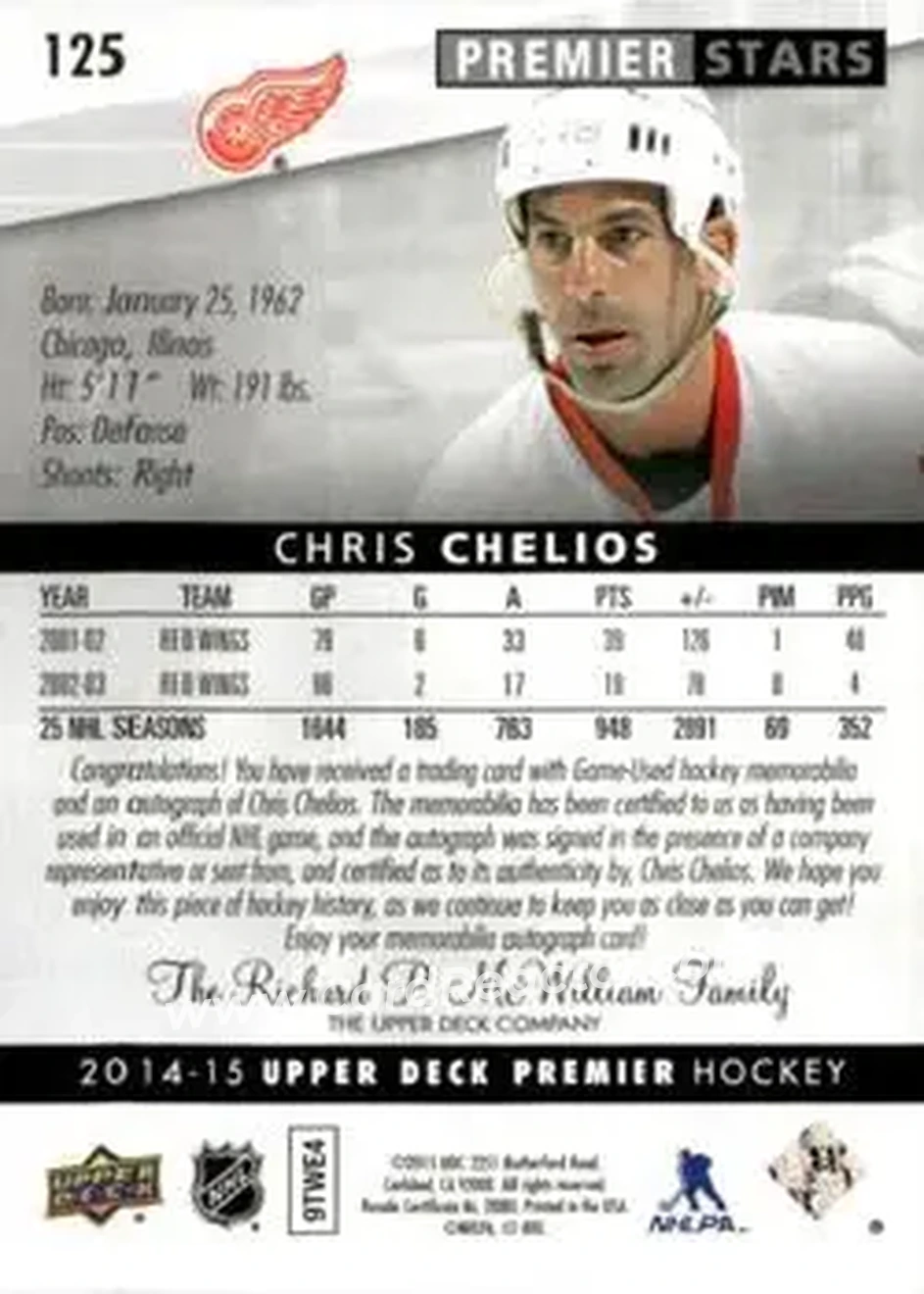 2014-15 Upper Deck Premier #125 - Chris Chelios - Detroit Red Wings - Back