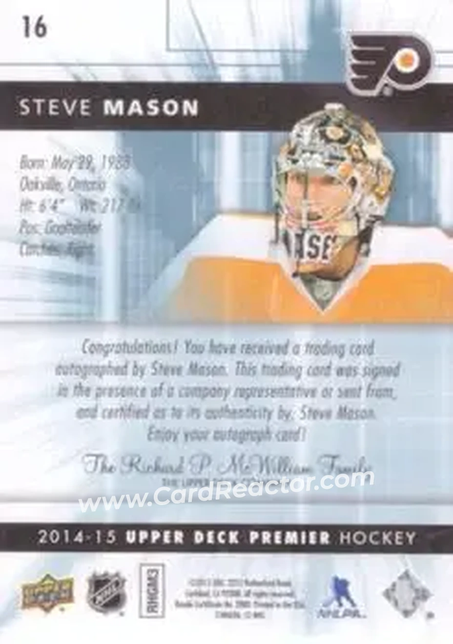 2014-15 Upper Deck Premier - Platinum Blue #16 - Steve Mason - Philadelphia Flyers - Back