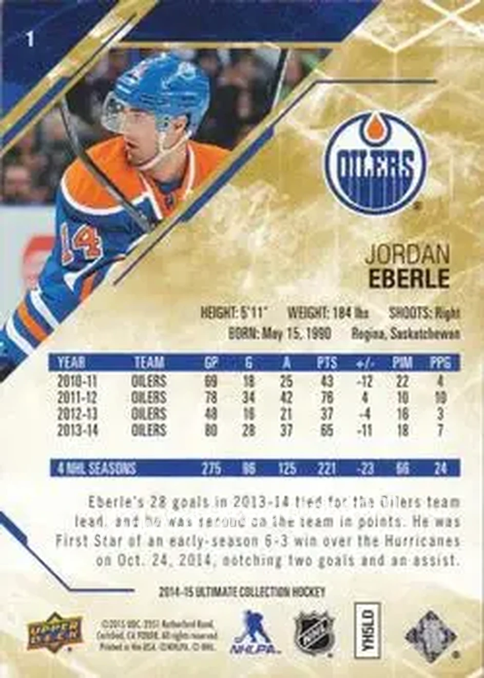 2014-15 Upper Deck Ultimate Collection #1 - Jordan Eberle - Edmonton Oilers - Back