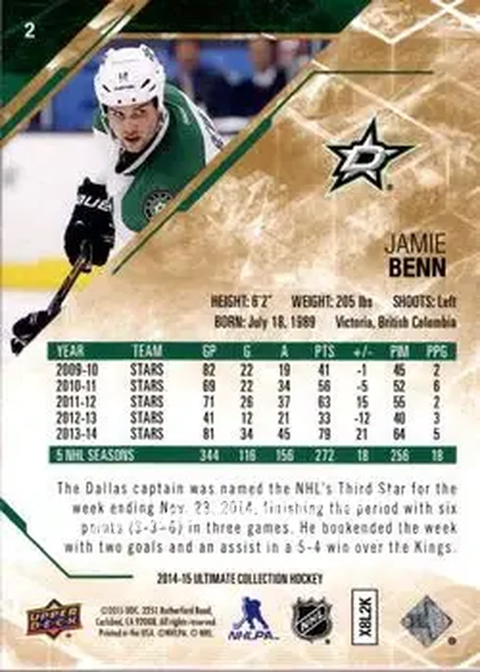 2014-15 Upper Deck Ultimate Collection #2 - Jamie Benn - Dallas Stars - Back