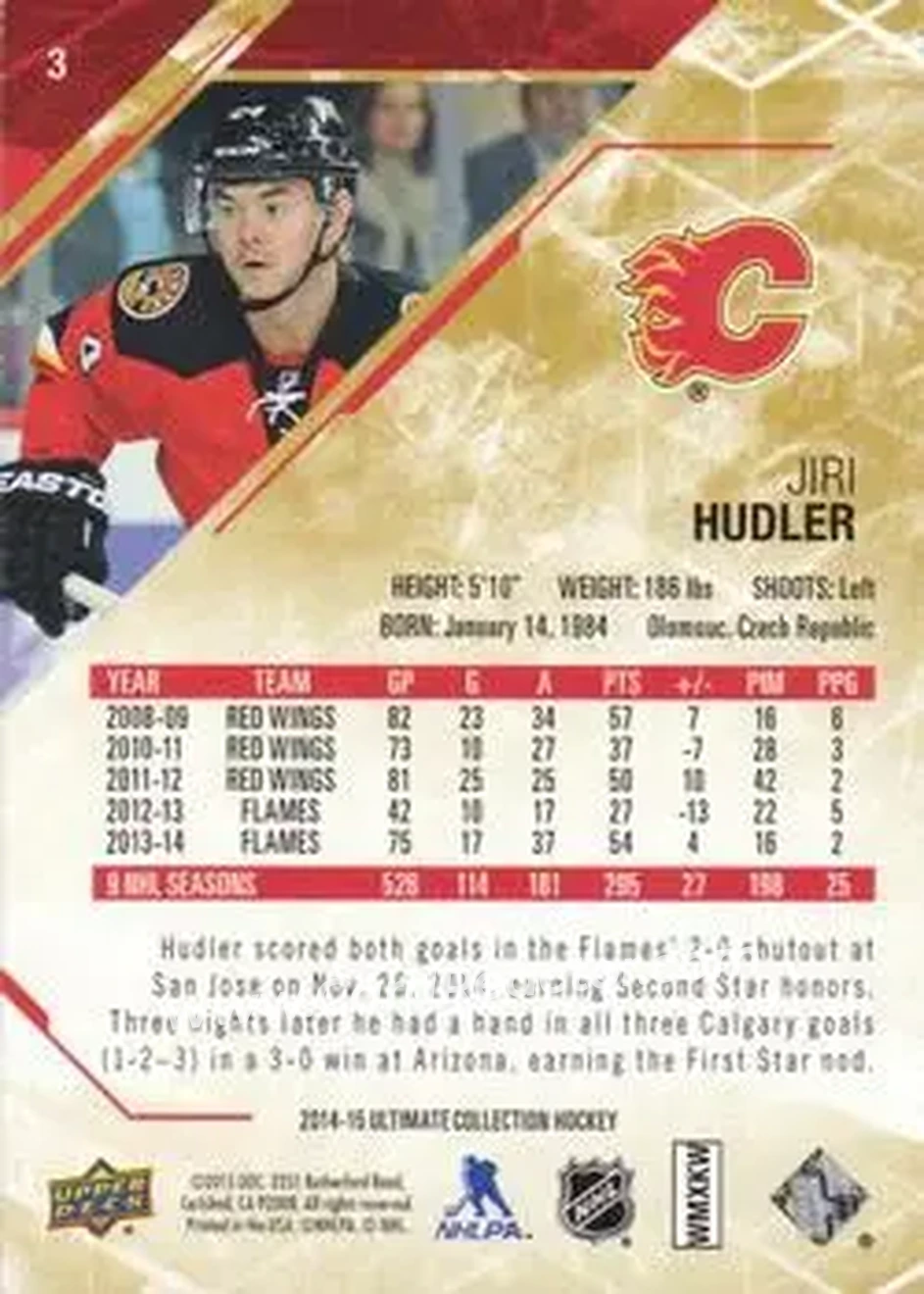 2014-15 Upper Deck Ultimate Collection #3 - Jiri Hudler - Calgary Flames - Back