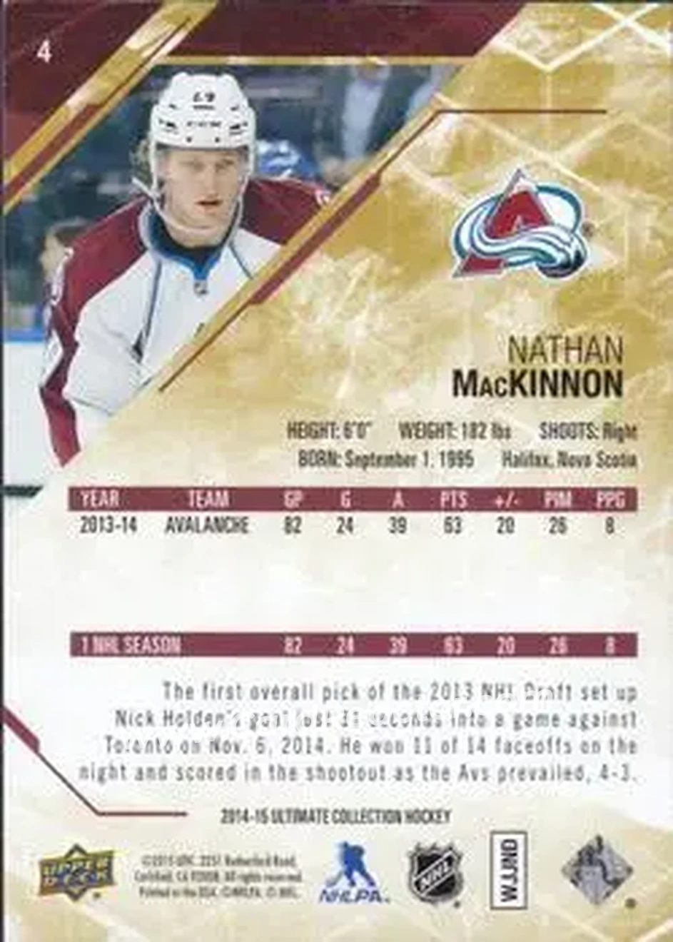 2014-15 Upper Deck Ultimate Collection #4 - Nathan MacKinnon - Colorado Avalanche - Back