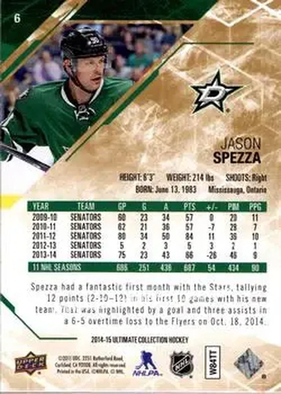 2014-15 Upper Deck Ultimate Collection #6 - Jason Spezza - Dallas Stars - Back