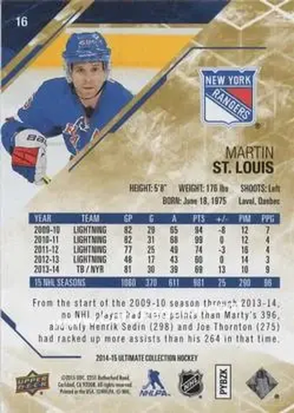 2014-15 Upper Deck Ultimate Collection #16 - Martin St. Louis - New York Rangers - Back