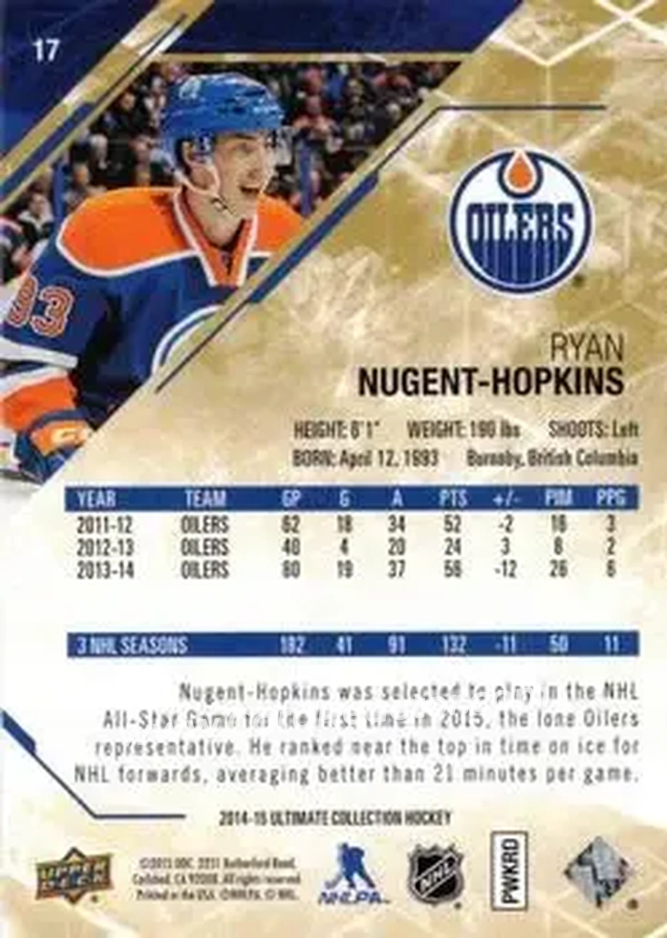 2014-15 Upper Deck Ultimate Collection #17 - Ryan Nugent-Hopkins - Edmonton Oilers - Back 2014-15 Upper Deck Ultimate Collection #17 - Ryan Nugent-Hopkins - Edmonton Oilers - Back