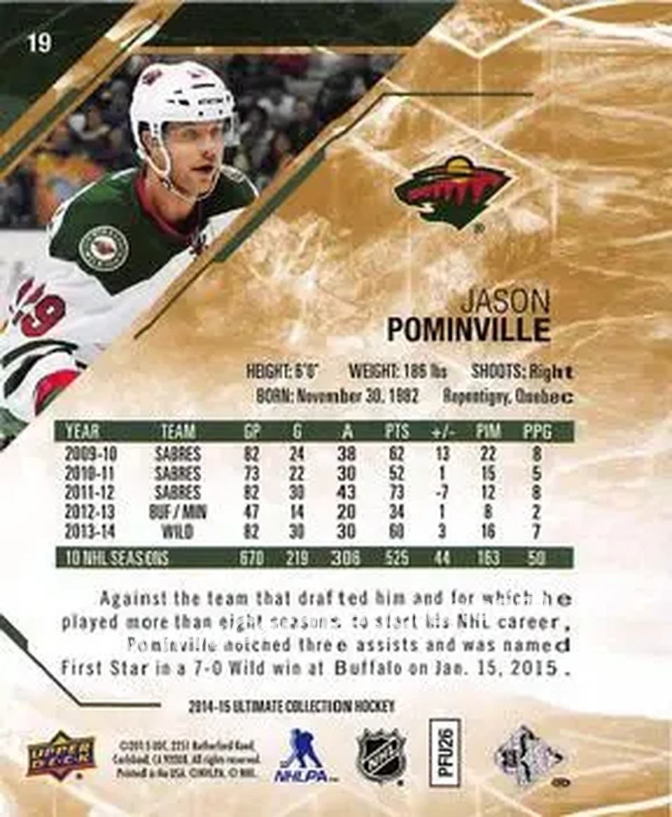 2014-15 Upper Deck Ultimate Collection #19 - Jason Pominville - Minnesota Wild - Back 2014-15 Upper Deck Ultimate Collection #19 - Jason Pominville - Minnesota Wild - Back