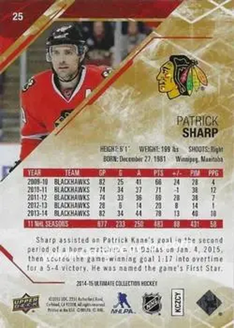 2014-15 Upper Deck Ultimate Collection #25 - Patrick Sharp - Chicago Blackhawks - Back