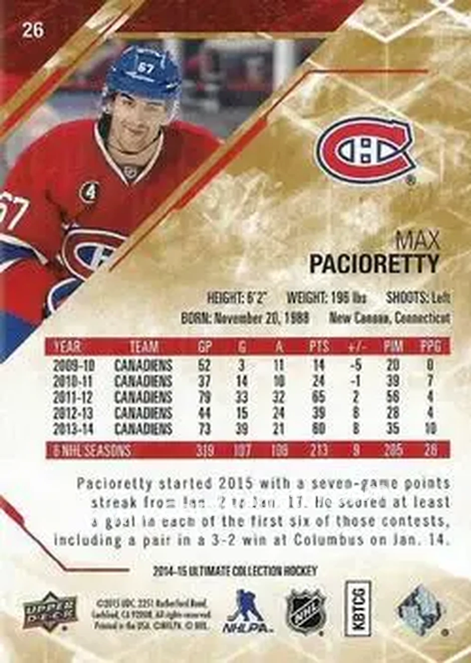 2014-15 Upper Deck Ultimate Collection #26 - Max Pacioretty - Montreal Canadiens - Back