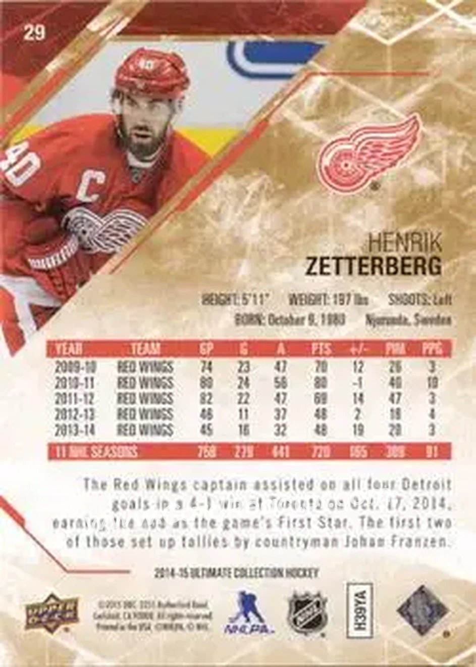 2014-15 Upper Deck Ultimate Collection #29 - Henrik Zetterberg - Detroit Red Wings - Back 2014-15 Upper Deck Ultimate Collection #29 - Henrik Zetterberg - Detroit Red Wings - Back