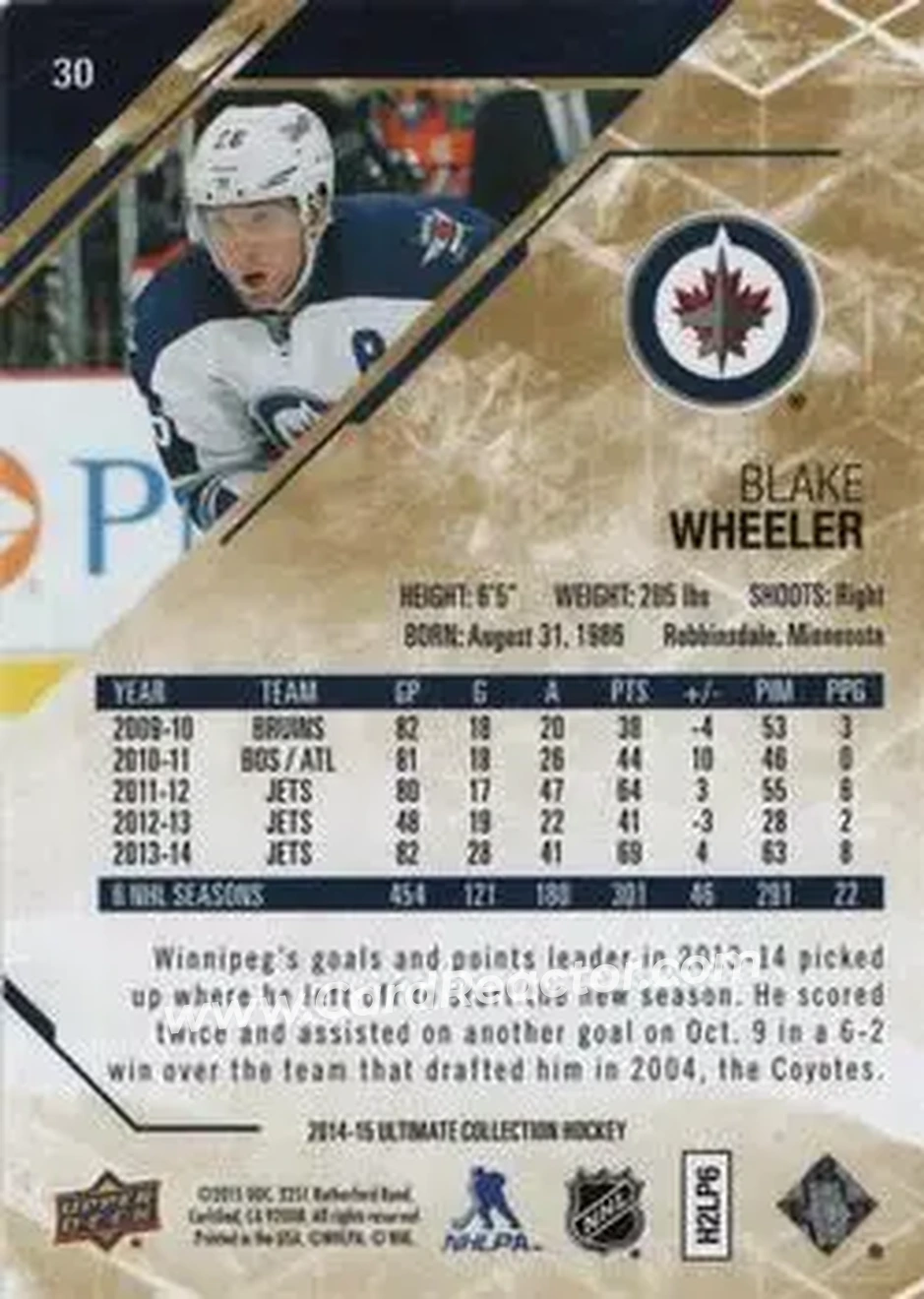 2014-15 Upper Deck Ultimate Collection #30 - Blake Wheeler - Winnipeg Jets - Back
