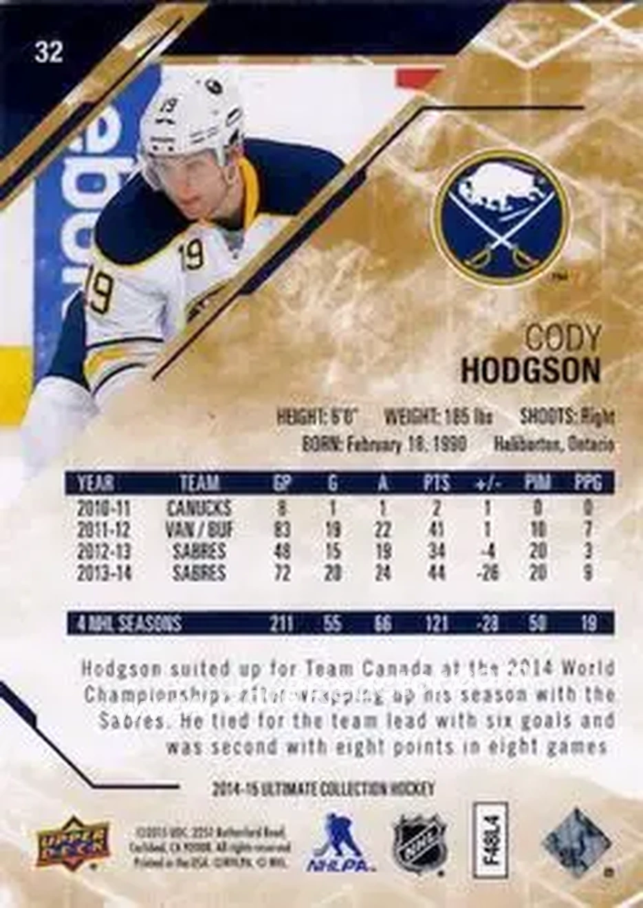 2014-15 Upper Deck Ultimate Collection #32 - Cody Hodgson - Buffalo Sabres - Back
