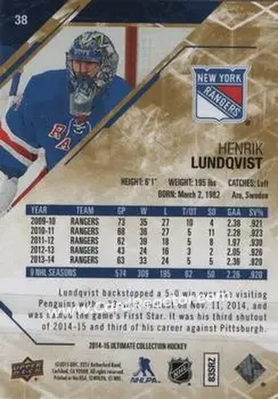 2014-15 Upper Deck Ultimate Collection #38 - Henrik Lundqvist - New York Rangers - Back 2014-15 Upper Deck Ultimate Collection #38 - Henrik Lundqvist - New York Rangers - Back