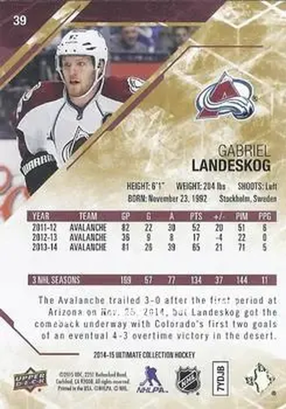2014-15 Upper Deck Ultimate Collection #39 - Gabriel Landeskog - Colorado Avalanche - Back