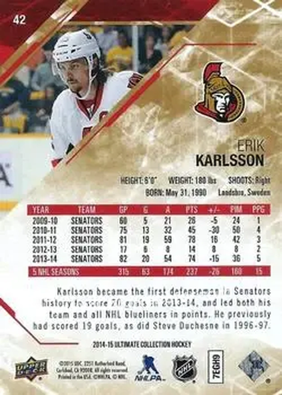 2014-15 Upper Deck Ultimate Collection #42 - Erik Karlsson - Ottawa Senators - Back