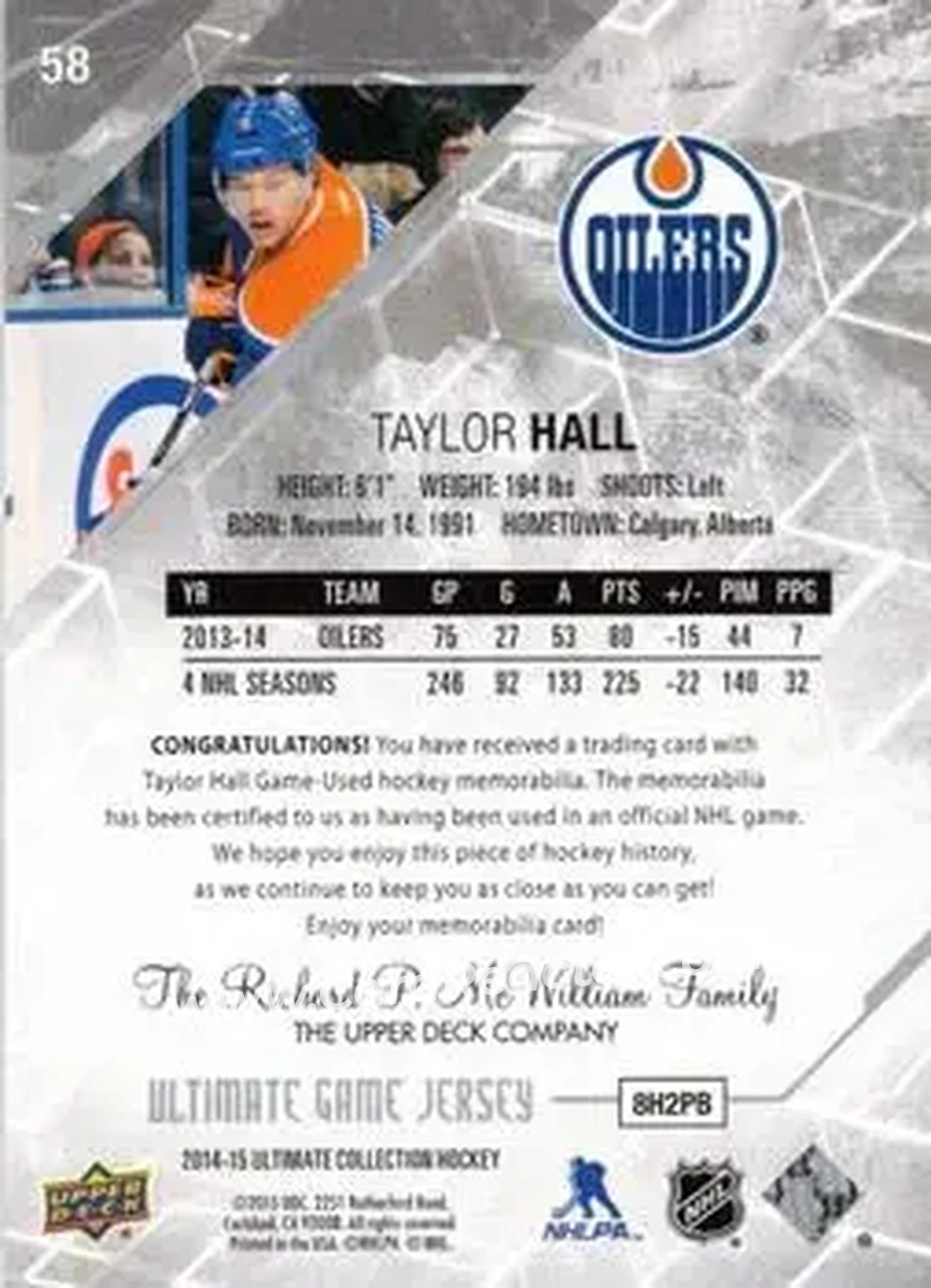 2014-15 Upper Deck Ultimate Collection #58 - Taylor Hall - Edmonton Oilers - Back
