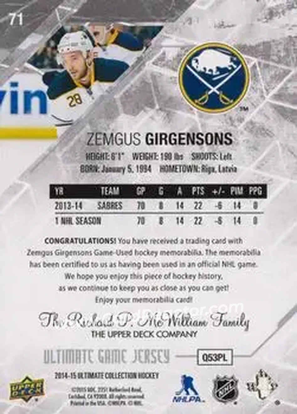 2014-15 Upper Deck Ultimate Collection #71 - Zemgus Girgensons - Buffalo Sabres - Back