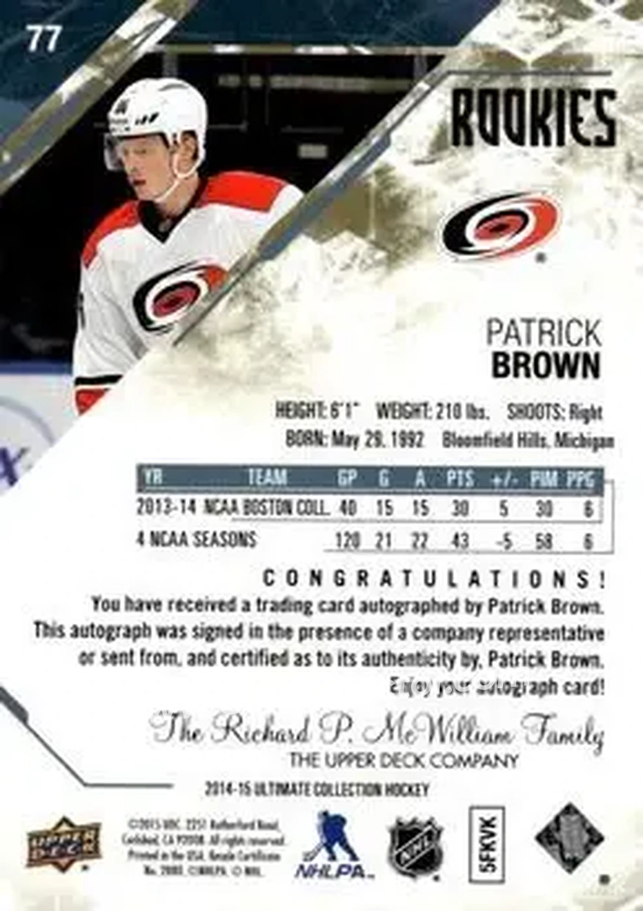 2014-15 Upper Deck Ultimate Collection #77 - Patrick Brown - Carolina Hurricanes - Back