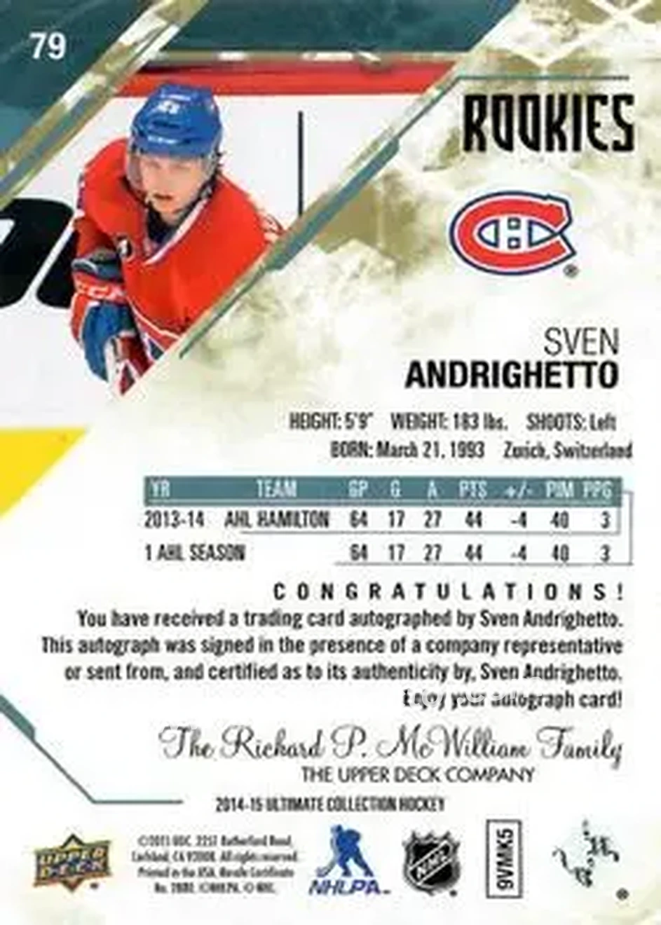 2014-15 Upper Deck Ultimate Collection #79 - Sven Andrighetto - Montreal Canadiens - Back