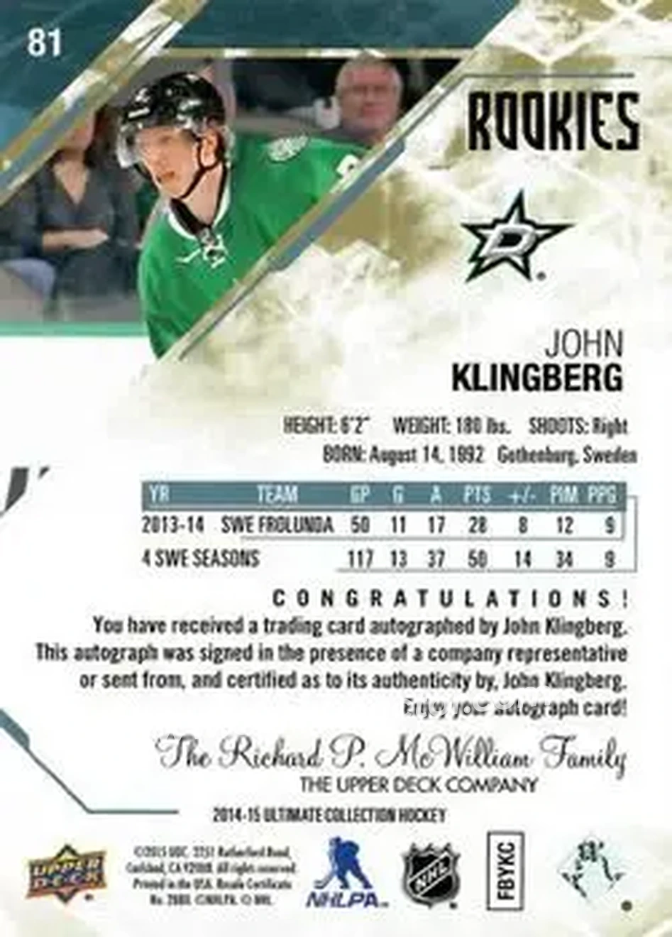 2014-15 Upper Deck Ultimate Collection #81 - John Klingberg - Dallas Stars - Back