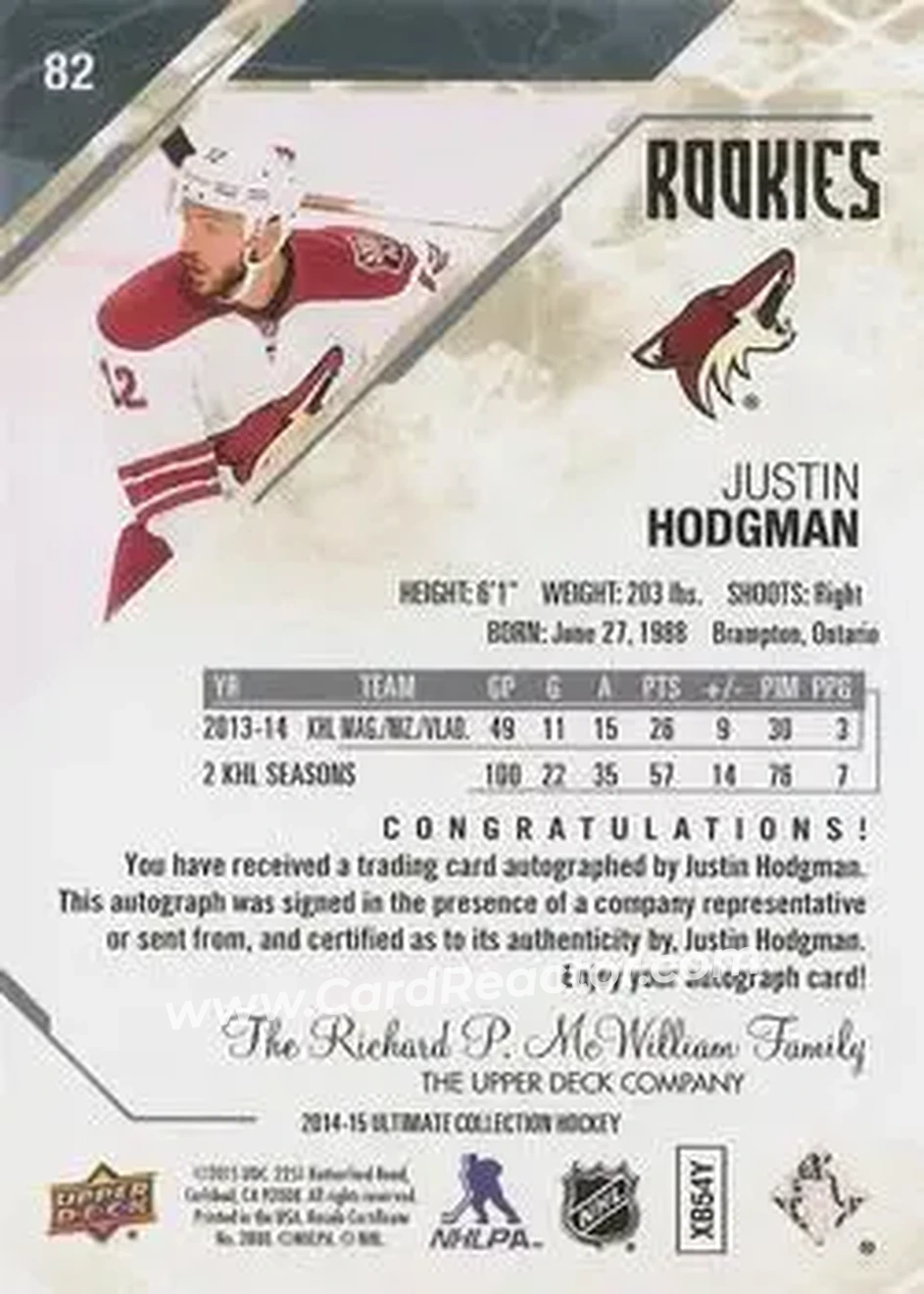 2014-15 Upper Deck Ultimate Collection #82 - Justin Hodgman - Arizona Coyotes - Back