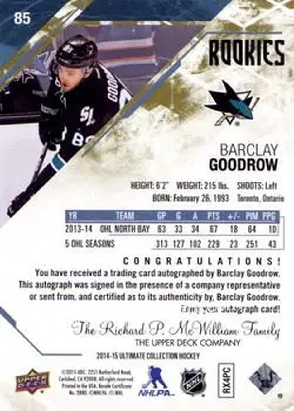 2014-15 Upper Deck Ultimate Collection #85 - Barclay Goodrow - San Jose Sharks - Back