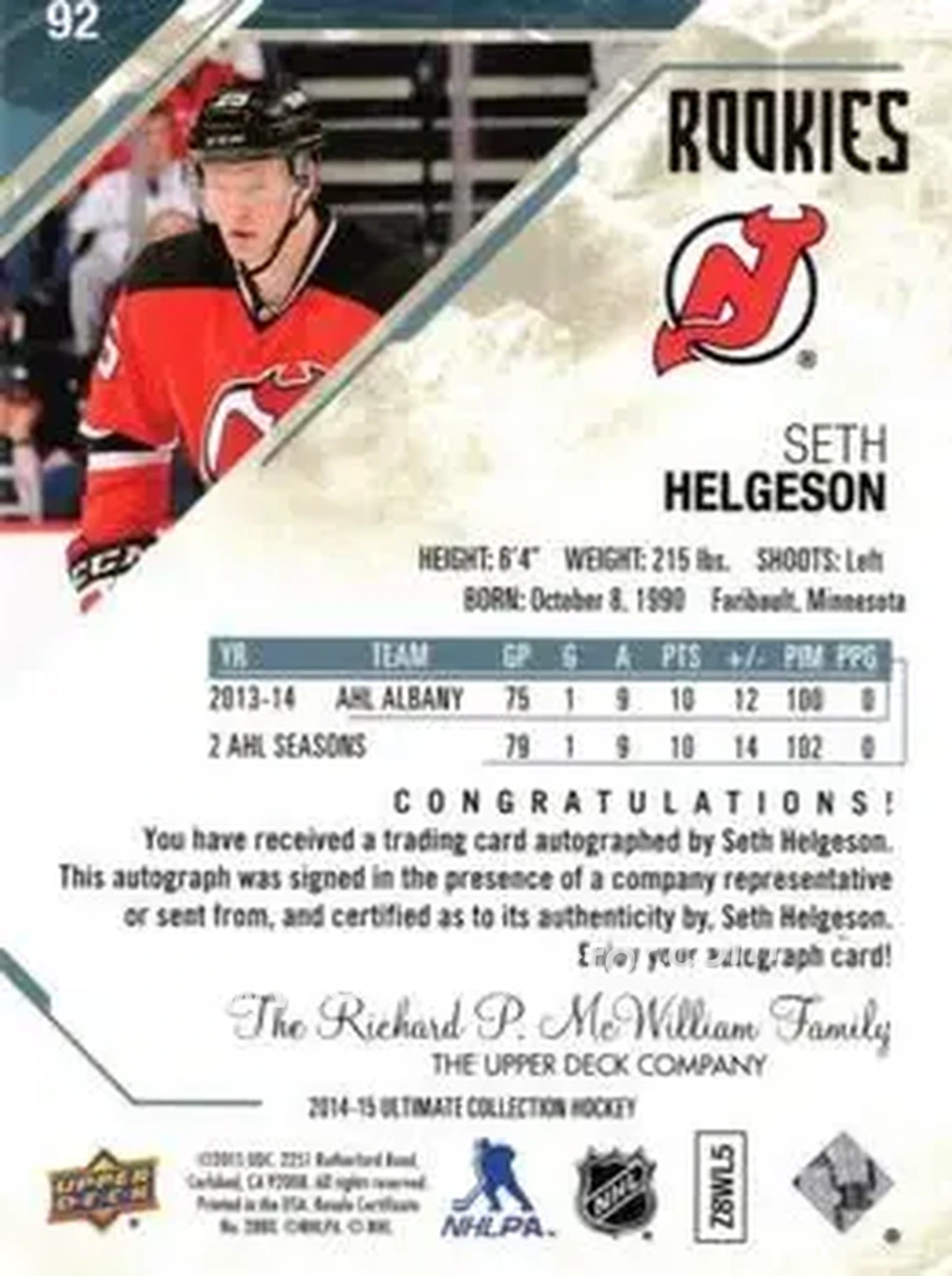 2014-15 Upper Deck Ultimate Collection #92 - Seth Helgeson - New Jersey Devils - Back