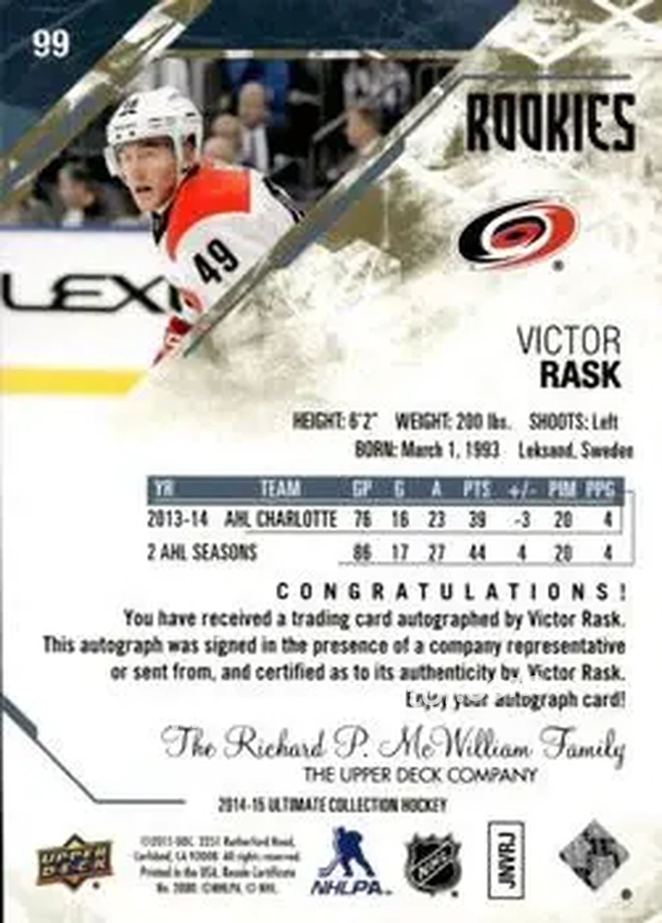 2014-15 Upper Deck Ultimate Collection #99 - Victor Rask - Carolina Hurricanes - Back