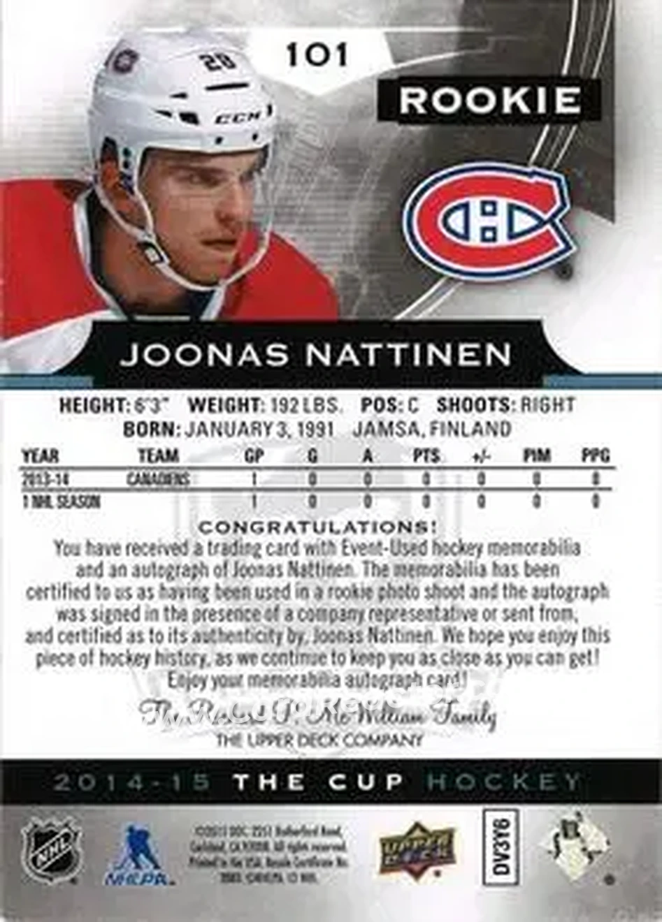 2014-15 Upper Deck The Cup #101 - Joonas Nattinen - Montreal Canadiens - Back