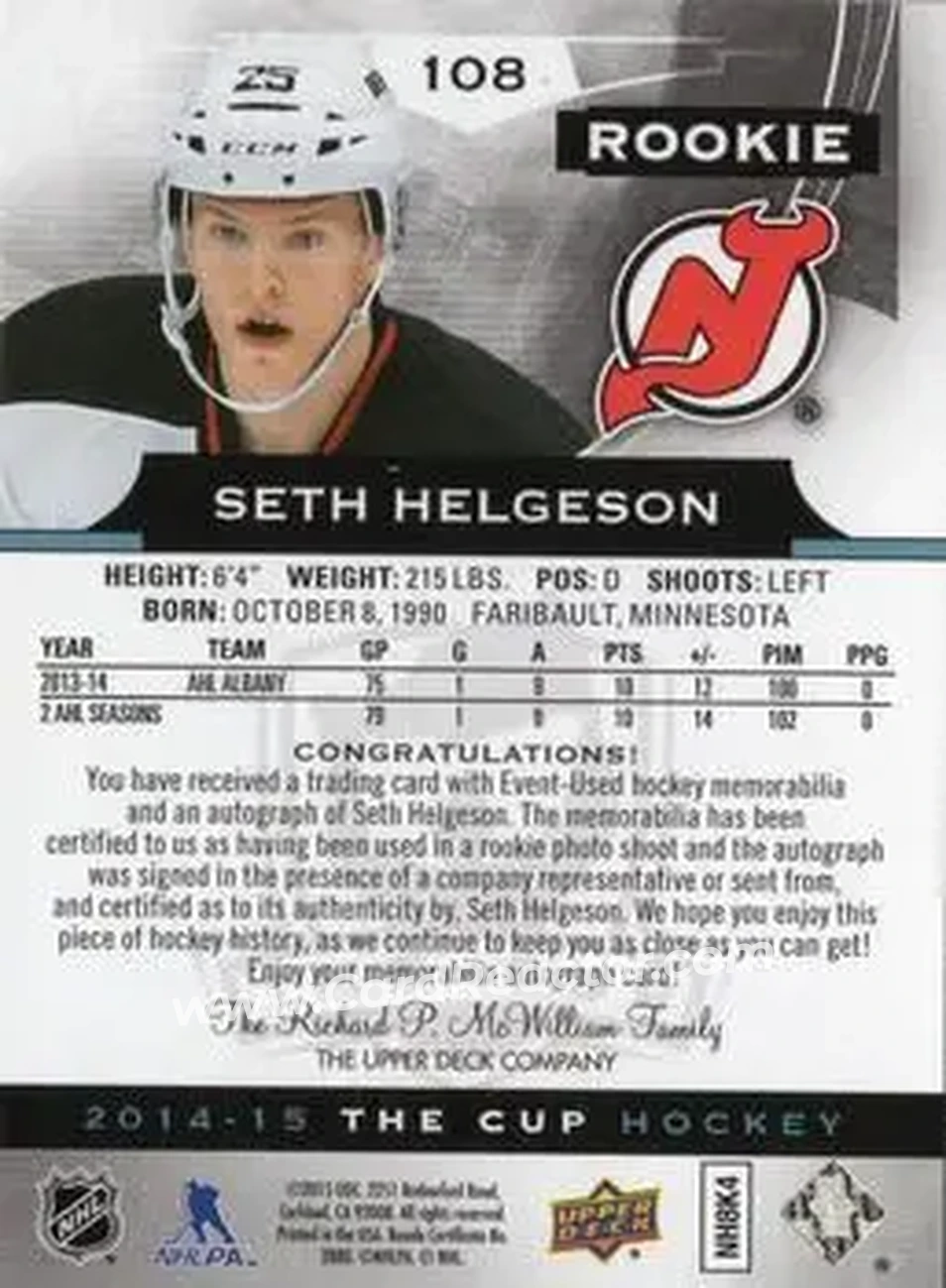 2014-15 Upper Deck The Cup #108 - Seth Helgeson - New Jersey Devils - Back