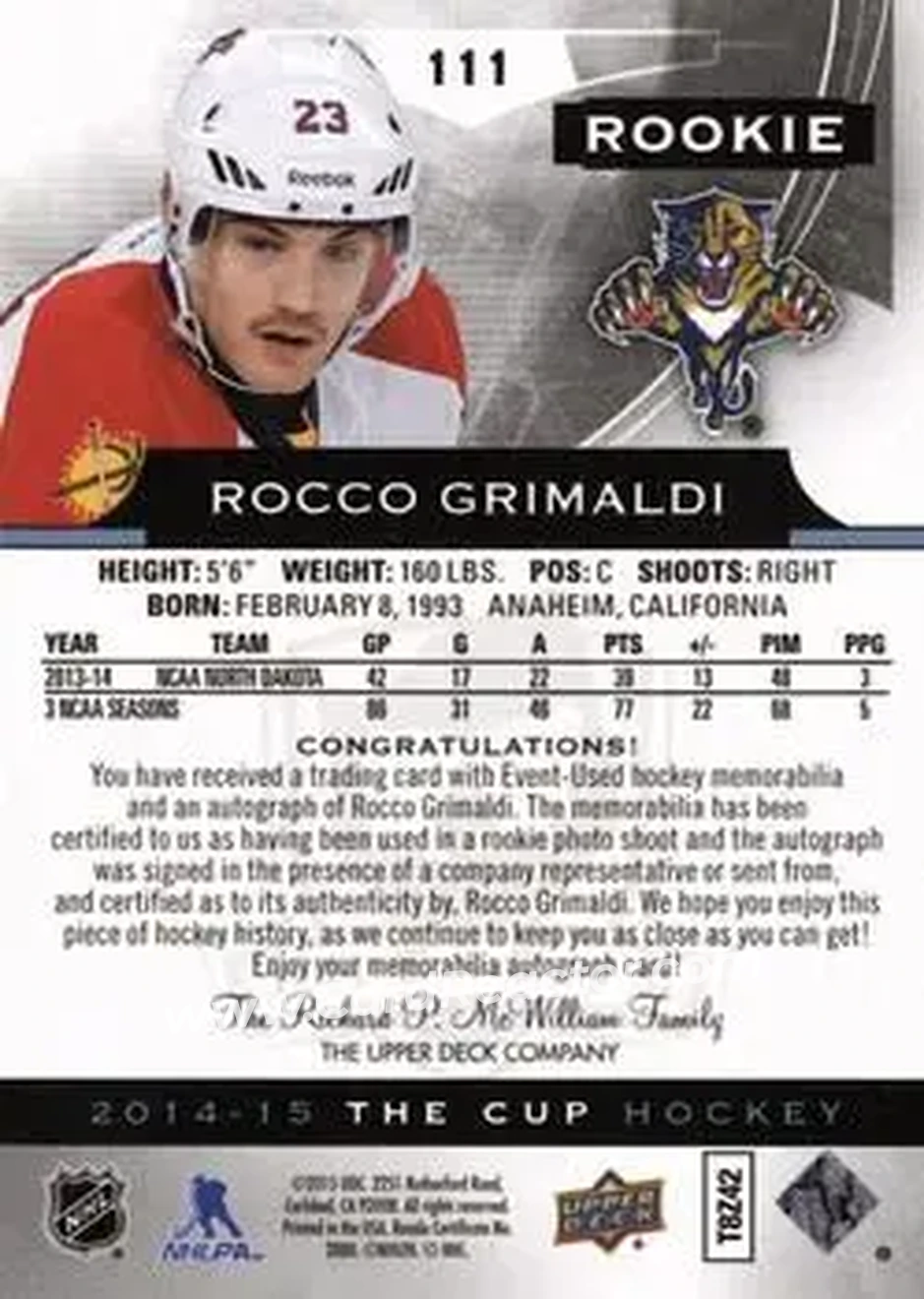 2014-15 Upper Deck The Cup #111 - Rocco Grimaldi - Florida Panthers - Back