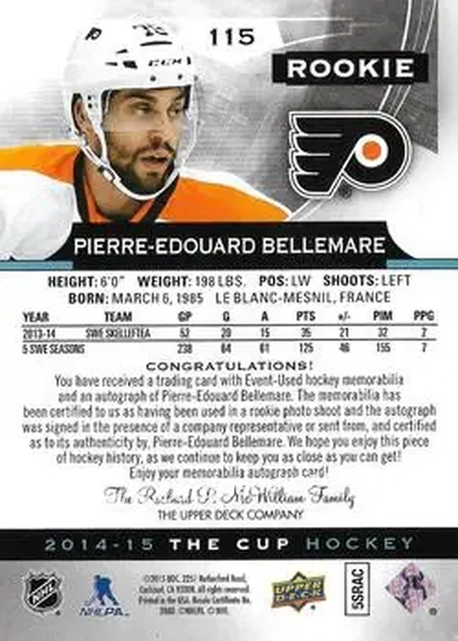 2014-15 Upper Deck The Cup #115 - Pierre-Edouard Bellemare - Philadelphia Flyers - Back