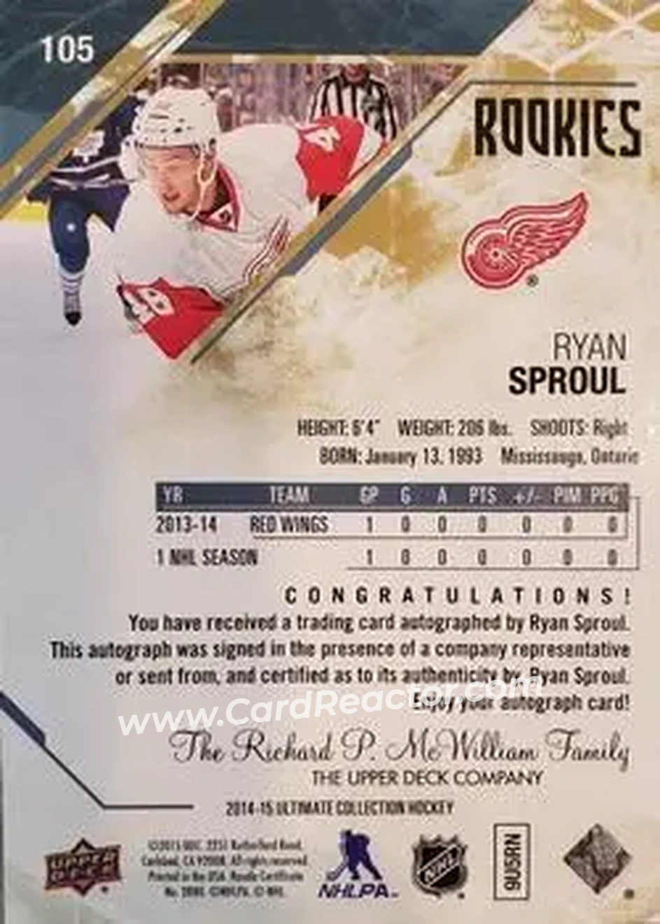 2014-15 Upper Deck Ultimate Collection #105 - Ryan Sproul - Detroit Red Wings - Back