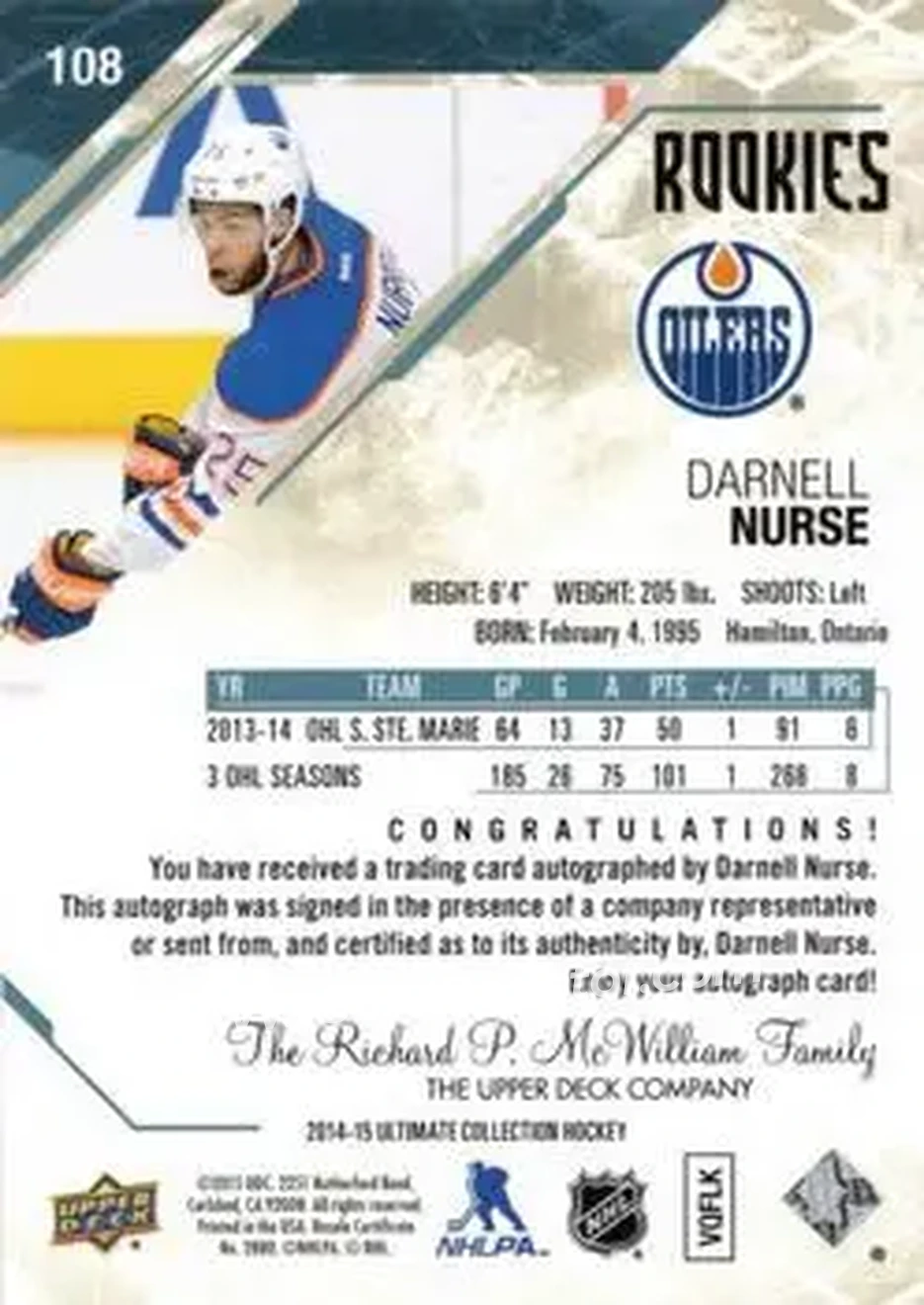 2014-15 Upper Deck Ultimate Collection #108 - Darnell Nurse - Edmonton Oilers - Back