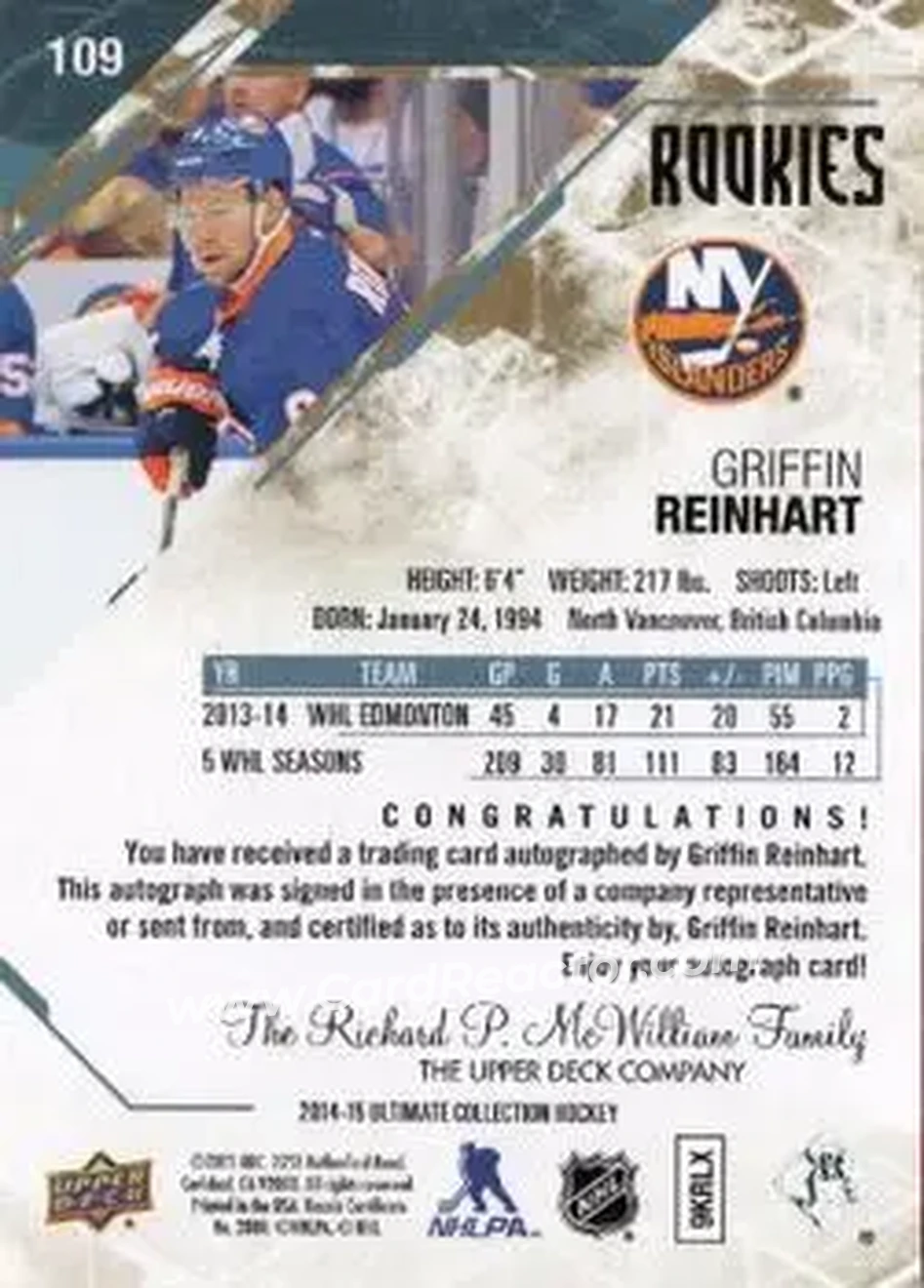 2014-15 Upper Deck Ultimate Collection #109 - Griffin Reinhart - New York Islanders - Back