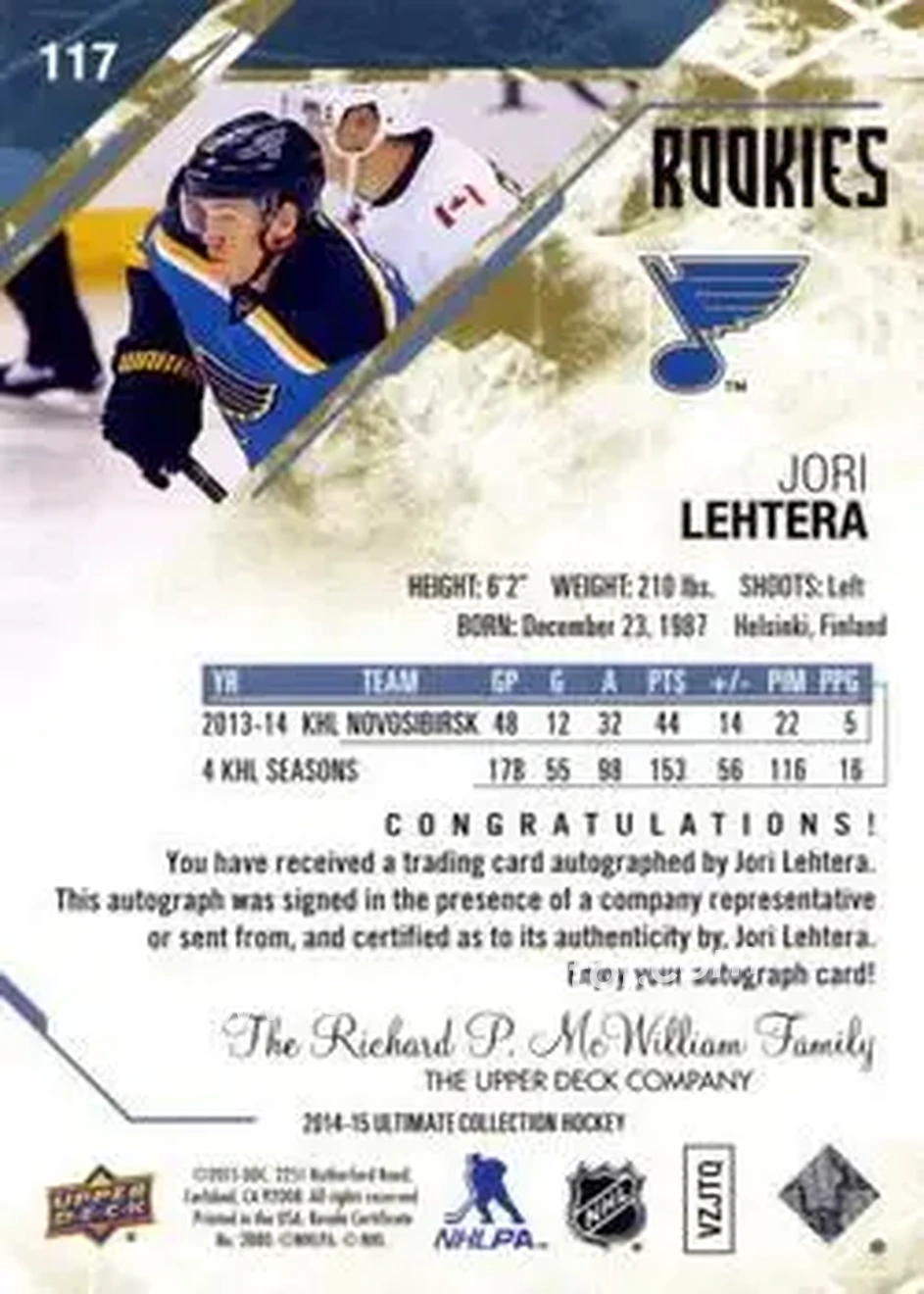 2014-15 Upper Deck Ultimate Collection #117 - Jori Lehtera - St. Louis Blues - Back