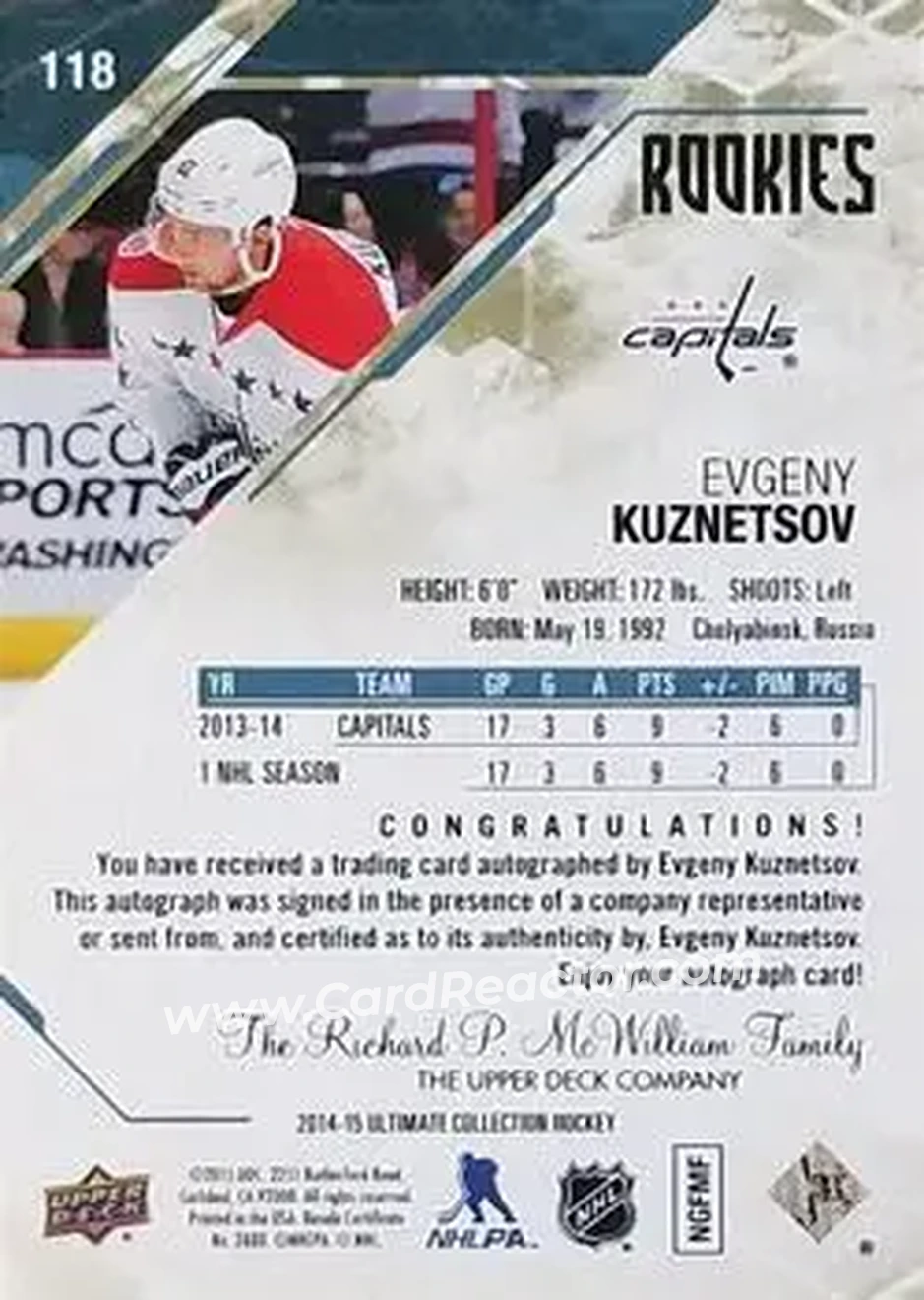 2014-15 Upper Deck Ultimate Collection #118 - Evgeny Kuznetsov - Washington Capitals - Back