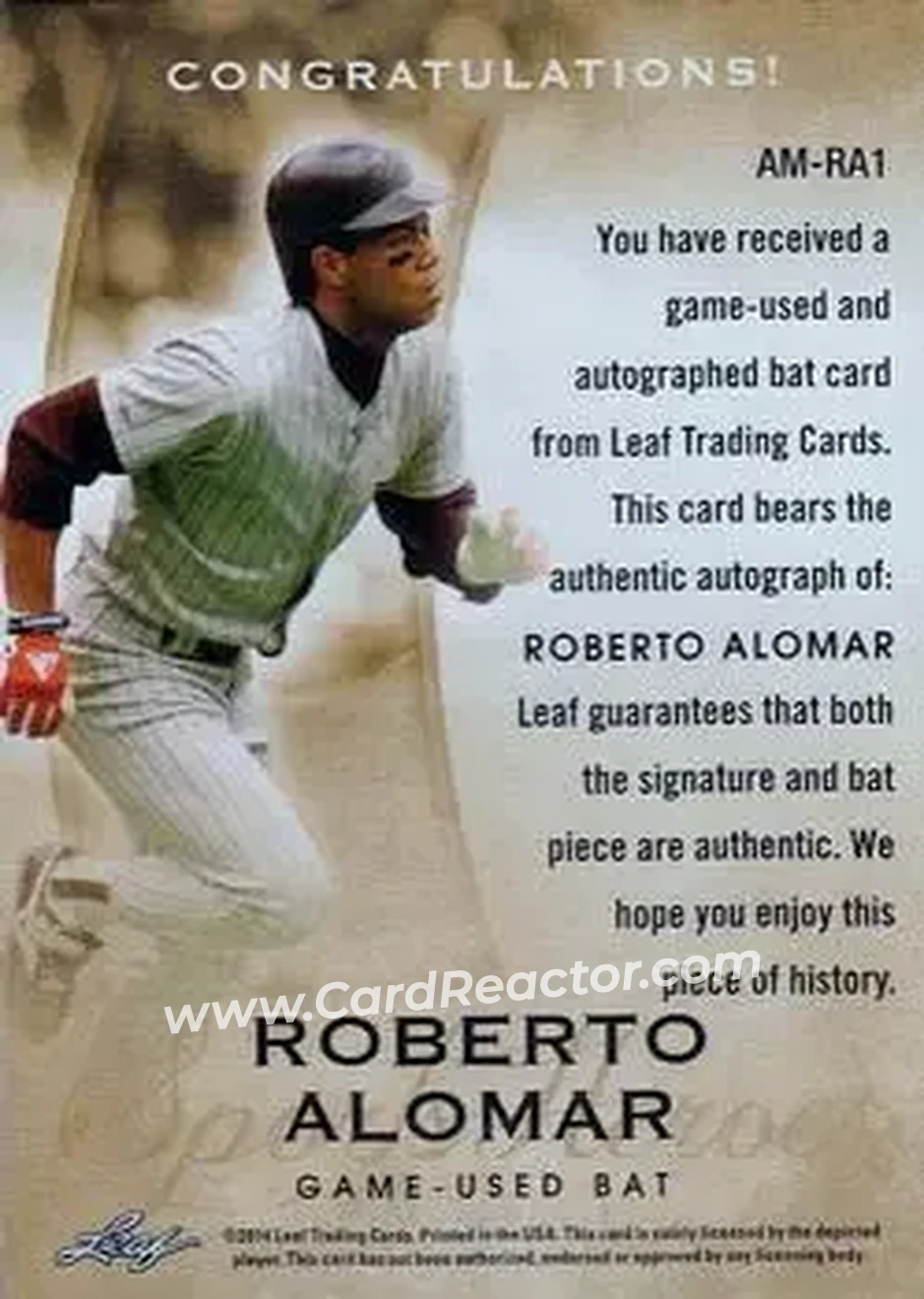 2014 Leaf Q - Autographed Memorabilia #AM-RA1 - Roberto Alomar - San Diego Padres - Back