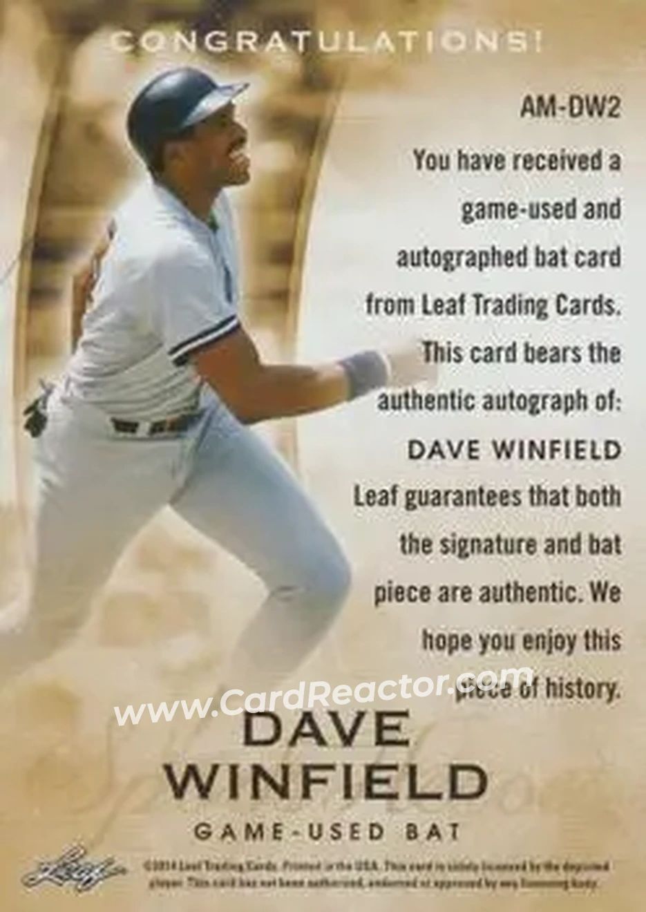 2014 Leaf Q - Autographed Memorabilia Gold #AM-DW2 - Dave Winfield - Back 2014 Leaf Q - Autographed Memorabilia Gold #AM-DW2 - Dave Winfield - Back