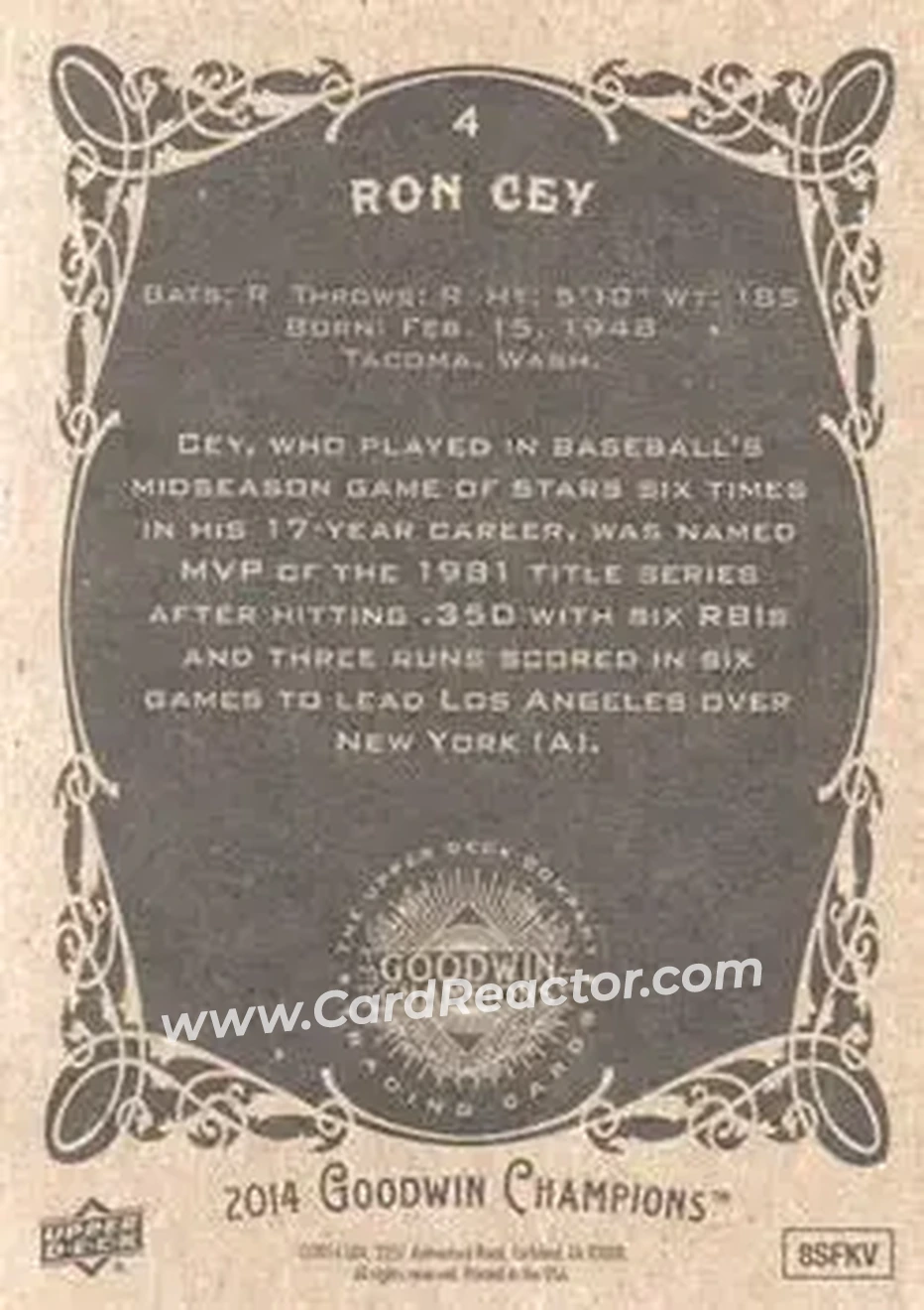 2014 Upper Deck Goodwin Champions #4 - Ron Cey - Back