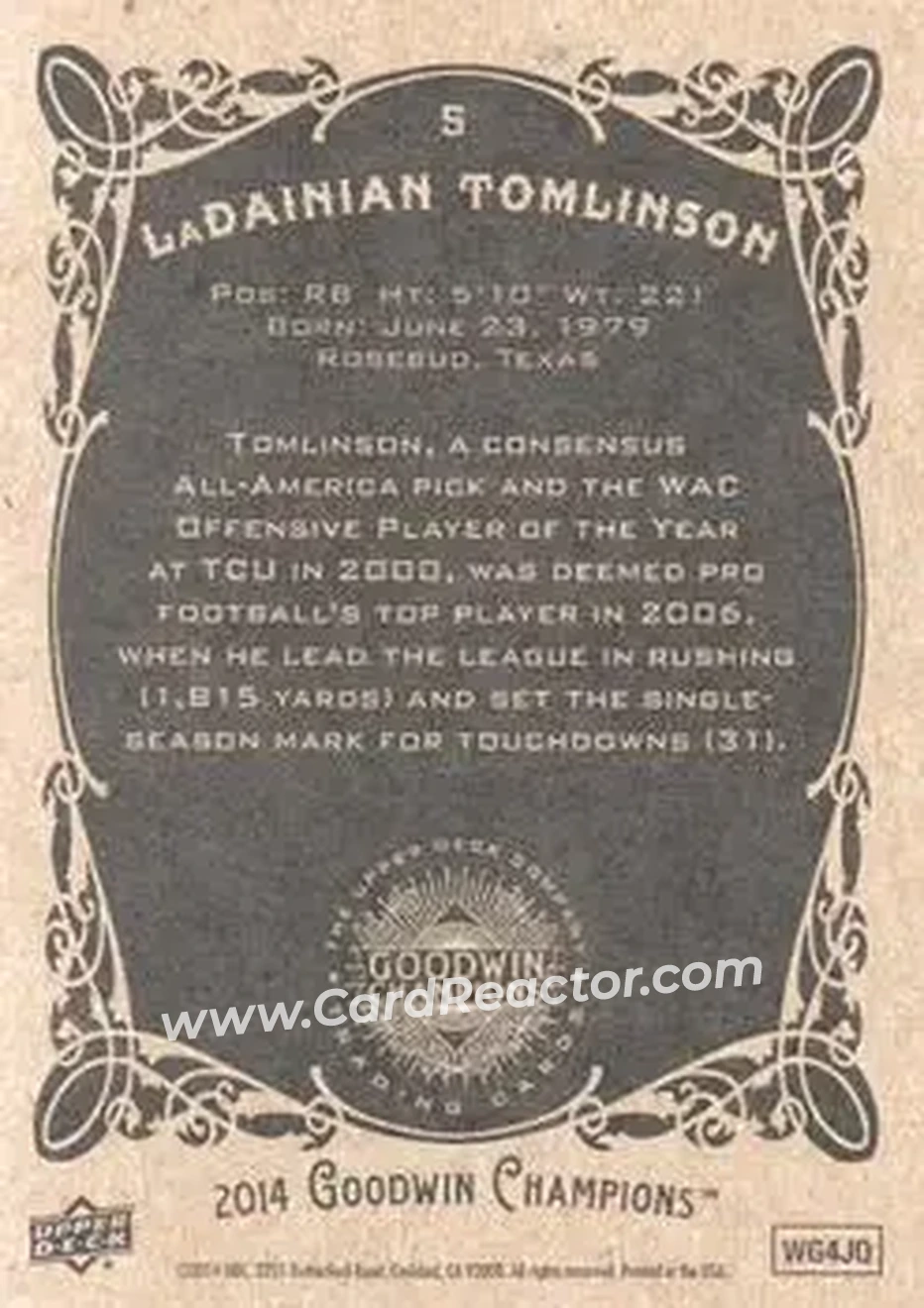 2014 Upper Deck Goodwin Champions #5 - LaDainian Tomlinson - Back