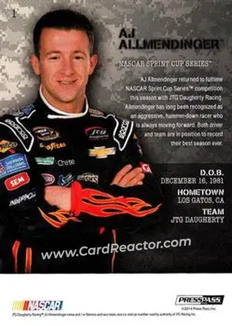 2014 Press Pass American Thunder #1 - AJ Allmendinger - JTG Daugherty Racing - Back