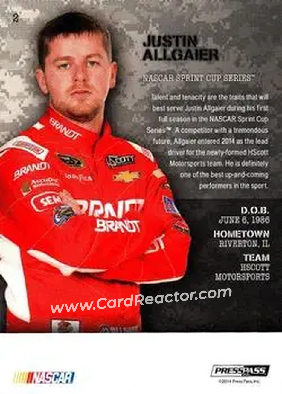 2014 Press Pass American Thunder #2 - Justin Allgaier - HScott Motorsports - Back