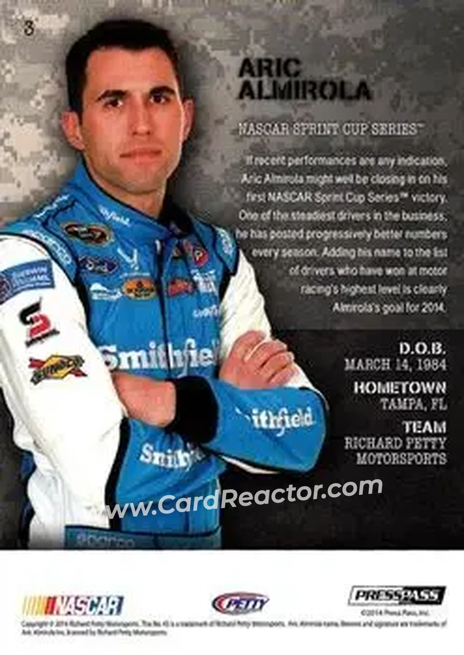 2014 Press Pass American Thunder #3 - Aric Almirola - Richard Petty Motorsports - Back