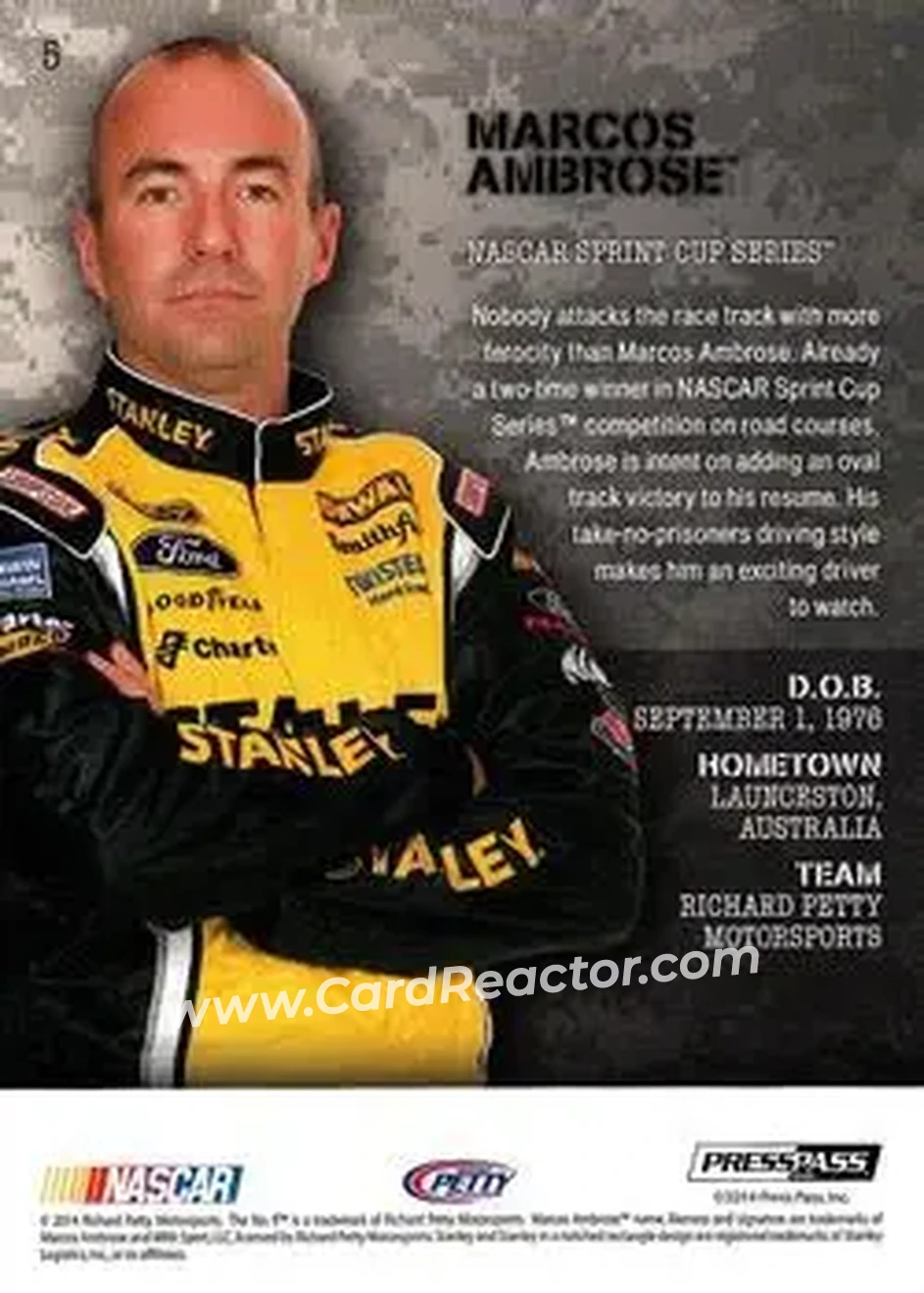 2014 Press Pass American Thunder #5 - Marcos Ambrose - Richard Petty Motorsports - Back 2014 Press Pass American Thunder #5 - Marcos Ambrose - Richard Petty Motorsports - Back