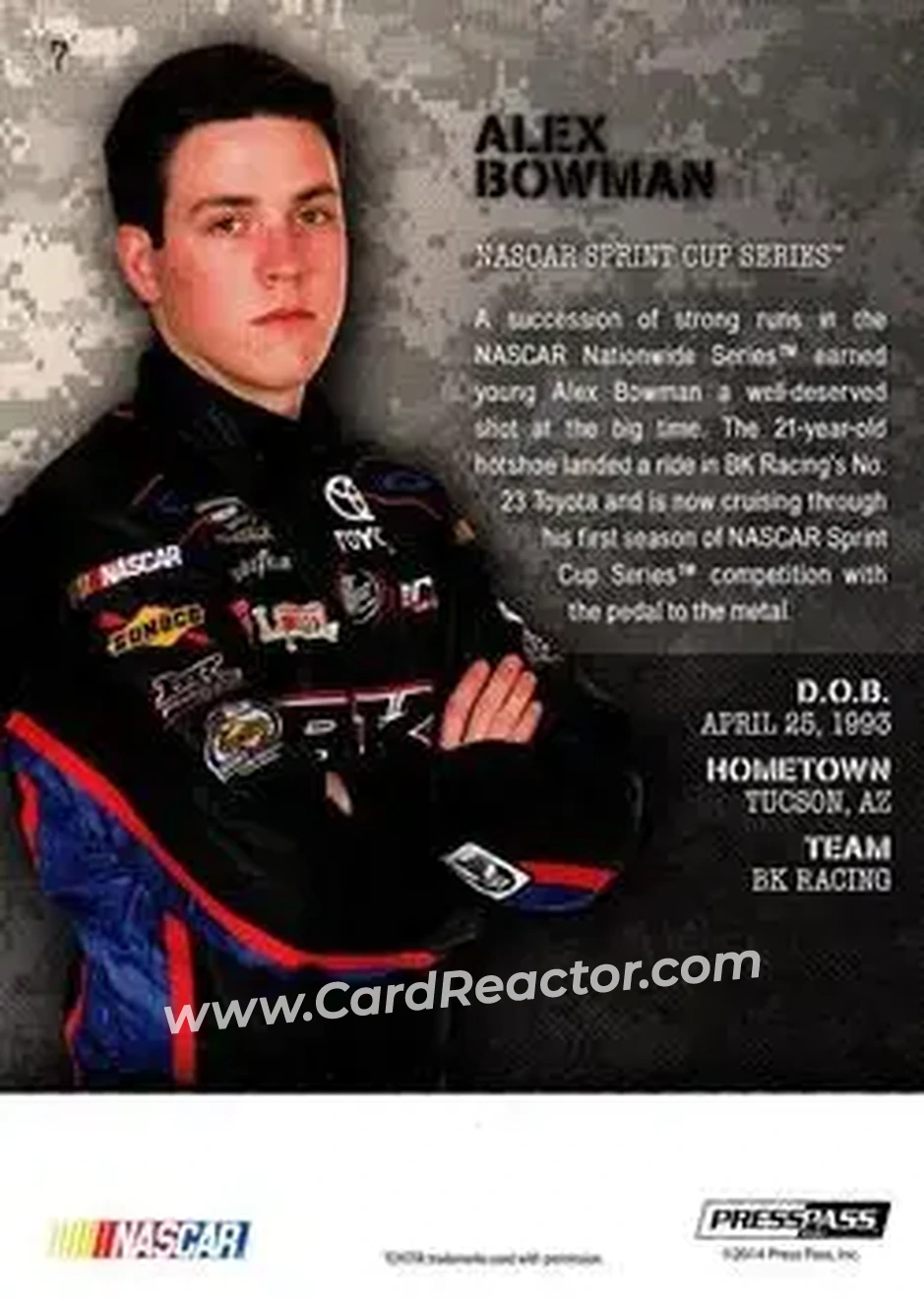 2014 Press Pass American Thunder #7 - Alex Bowman - BK Racing - Back