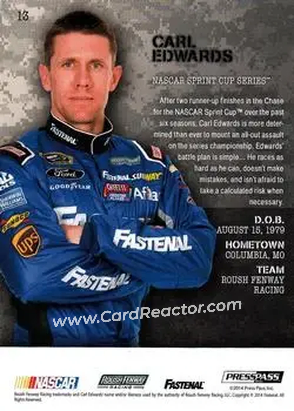 2014 Press Pass American Thunder #13 - Carl Edwards - Roush Fenway Racing - Back